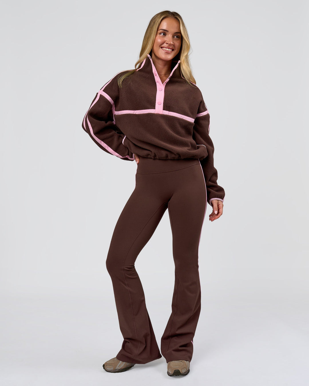 Woman wearing Expedition Pop Over - Hot Chocolate-Pink Rose | Model:Issy | Size:XS - view 12
