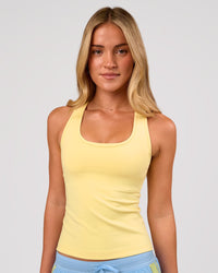 Woman wearing Flow Rep Scoop Neck Tank - Lemon | Model:Issy | Size:XS | Thumbnail Index: 2