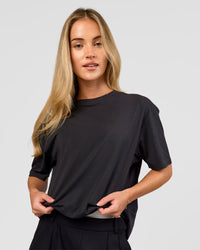 Woman wearing Benchmark FLXCotton Oversized Tee - Onyx-Yellow Fizz | Model:Issy | Size:XS | Thumbnail Index: 13