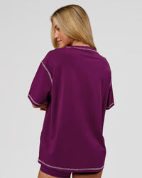 Woman wearing Go-To Contrast Oversized Heavyweight FLXCotton Tee - Plum Caspia-Pink Rose | Model:Issy | Size:XS | Thumbnail Index: 5