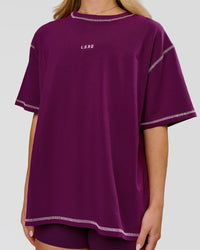 Woman wearing Go-To Contrast Oversized Heavyweight FLXCotton Tee - Plum Caspia-Pink Rose | Model:Issy | Size:XS | Thumbnail Index: 1