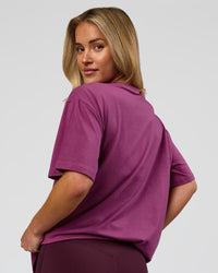 Woman wearing Go-To FLXCotton Oversized Tee - Boysenberry-White | Model:Issy | Size:XS | Thumbnail Index: 7