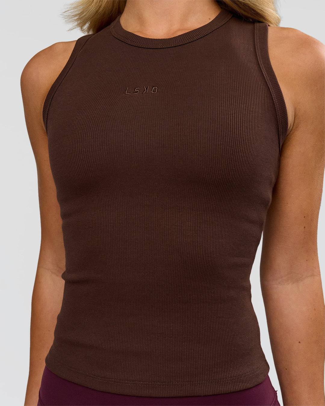 Woman wearing Go-To FLXCotton Rib High Neck Tank - Hot Chocolate | Model:Issy | Size:XS - view 2
