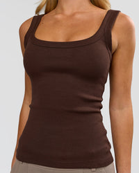 Woman wearing Go-To FLXCotton Rib Scoop Tank - Hot Chocolate | Model:Issy | Size:XS | Thumbnail Index: 1