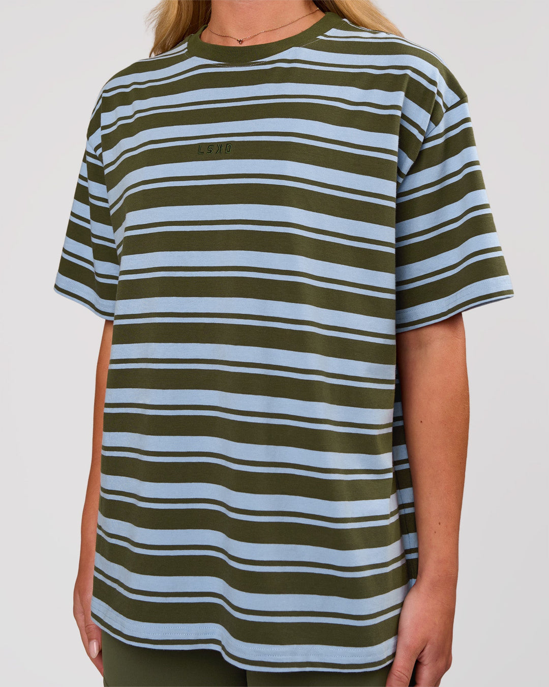 Woman wearing Go-To Shadow Stripe FLXCotton Oversized Tee - Pure Olive-Open Air | Model:Issy | Size:XS - view 3
