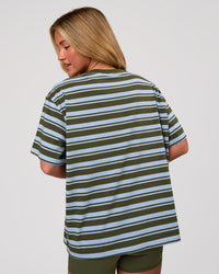 Woman wearing Go-To Shadow Stripe FLXCotton Oversized Tee - Pure Olive-Open Air | Model:Issy | Size:XS | Thumbnail Index: 3
