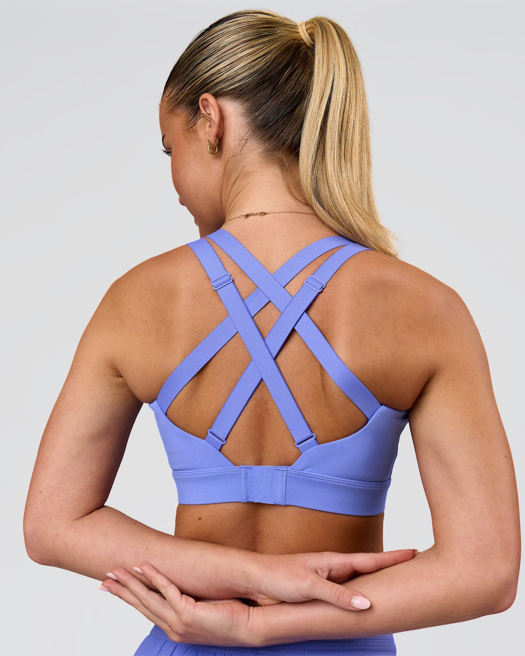 Woman wearing High Velocity Sports Bra - Bluebell | Model:Issy | Size:XS - view 4