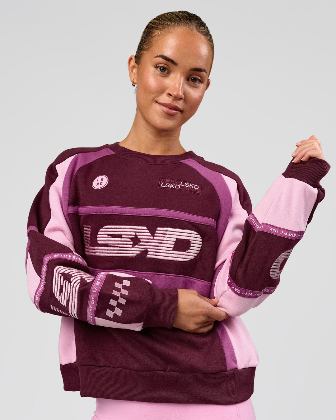 Woman wearing Power Sweater - Cherry Lacquer-Boysenberry | Model:Issy | Size:XS - view 8