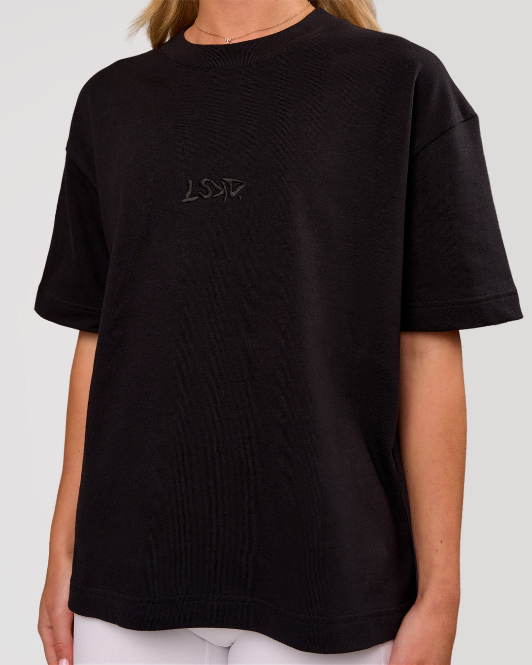 Woman wearing Progression Super Heavyweight Boxed Tee - Black-Black | Model:Issy | Size:XS - view 3