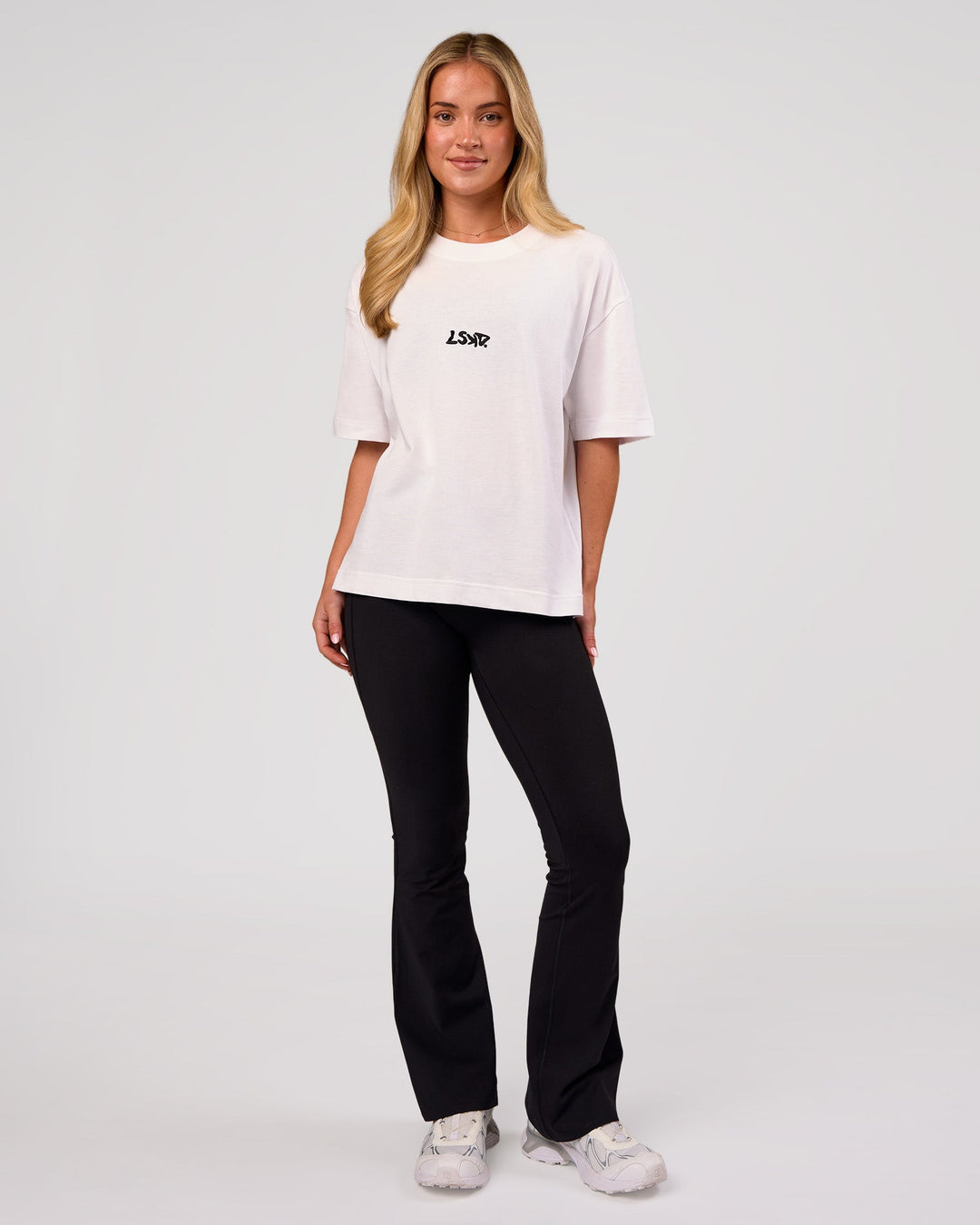 Woman wearing Progression Super Heavyweight Boxed Tee - White-Black | Model:Issy | Size:XS - view 13