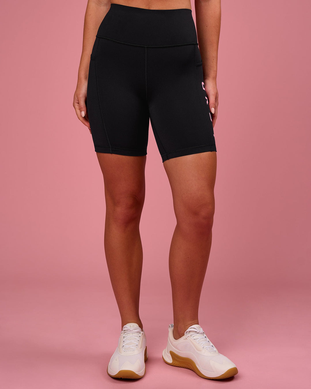 Woman wearing Rep Ultra High-Rise 6" Short Pockets - Black-Pink Rose | Model:Issy | Size:XS - view 7
