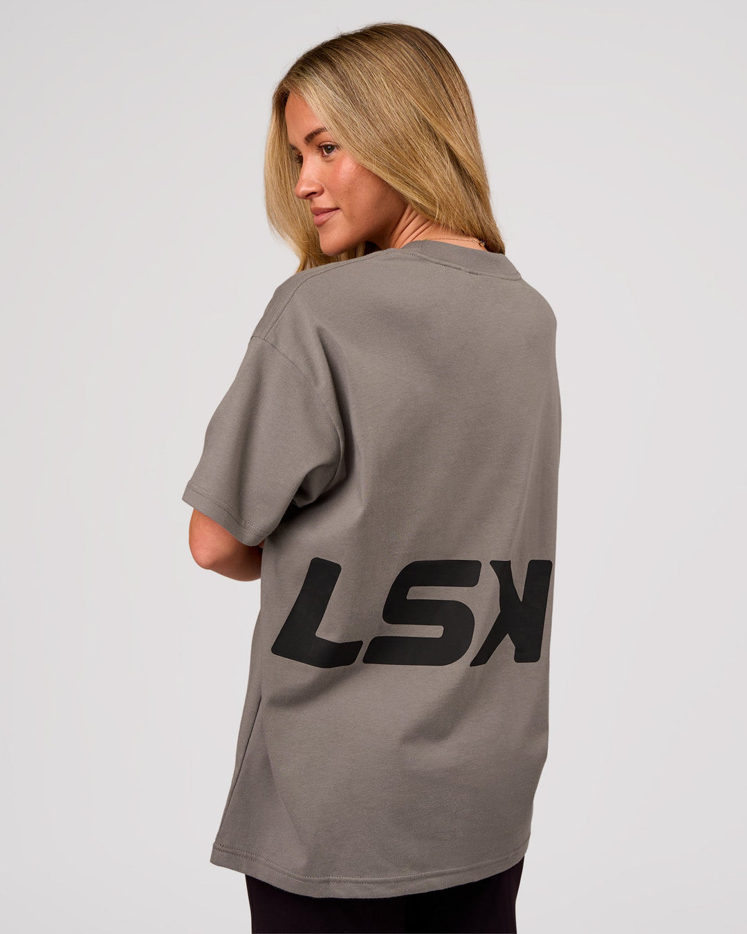 Woman wearing Shadow Mark Heavyweight Oversized Tee - Storm Front-Onyx | Model:Issy | Size:XS - view 7