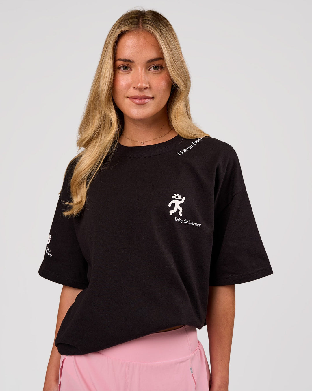 Woman wearing Values Manifesto Heavyweight Oversized Tee  - Black-White | Model:Issy | Size:XS - view 3