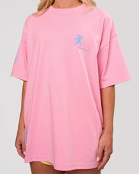 Woman wearing Values Manifesto Heavyweight Oversized Tee  - Pink Rose-Open Air | Model:Issy | Size:XS | Thumbnail Index: 2