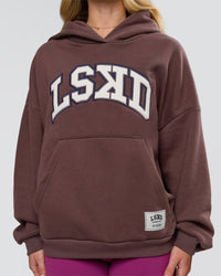 Woman wearing Varsity Boxy Hoodie - Cocoa Powder-Off White | Model:Issy | Size:XS | Thumbnail Index: 8
