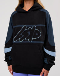 Woman wearing Vibe Oversized Hoodie - Black-Future Navy | Model:Issy | Size:XS | Thumbnail Index: 5