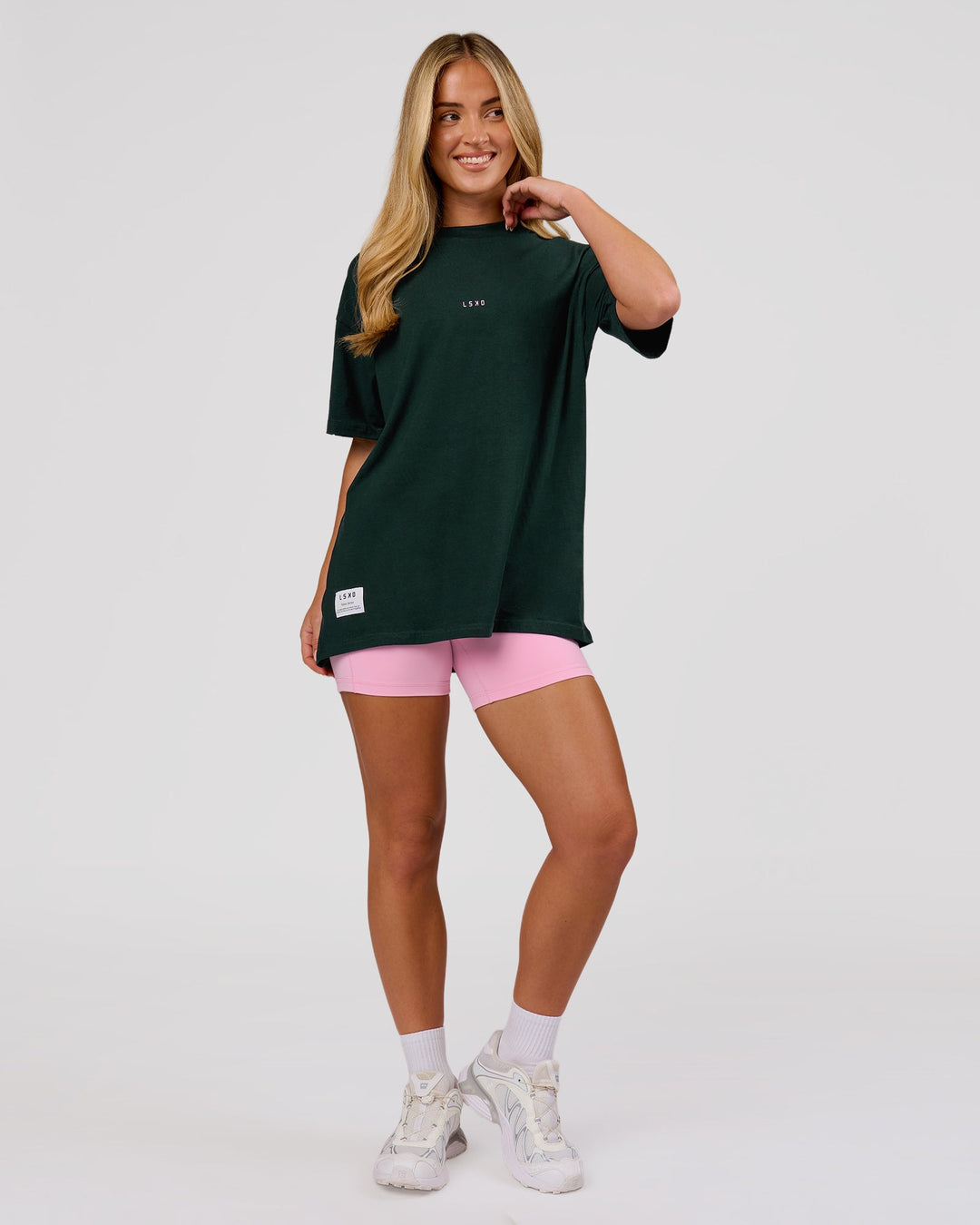 Woman wearing VS26 MFBS FLXCotton Oversize Tee - Midnight Green-Pink Rose | Model:Issy | Size:XS - view 6