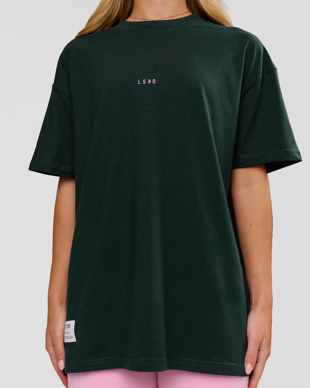 Woman wearing VS26 MFBS FLXCotton Oversize Tee - Midnight Green-Pink Rose | Model:Issy | Size:XS - view 11