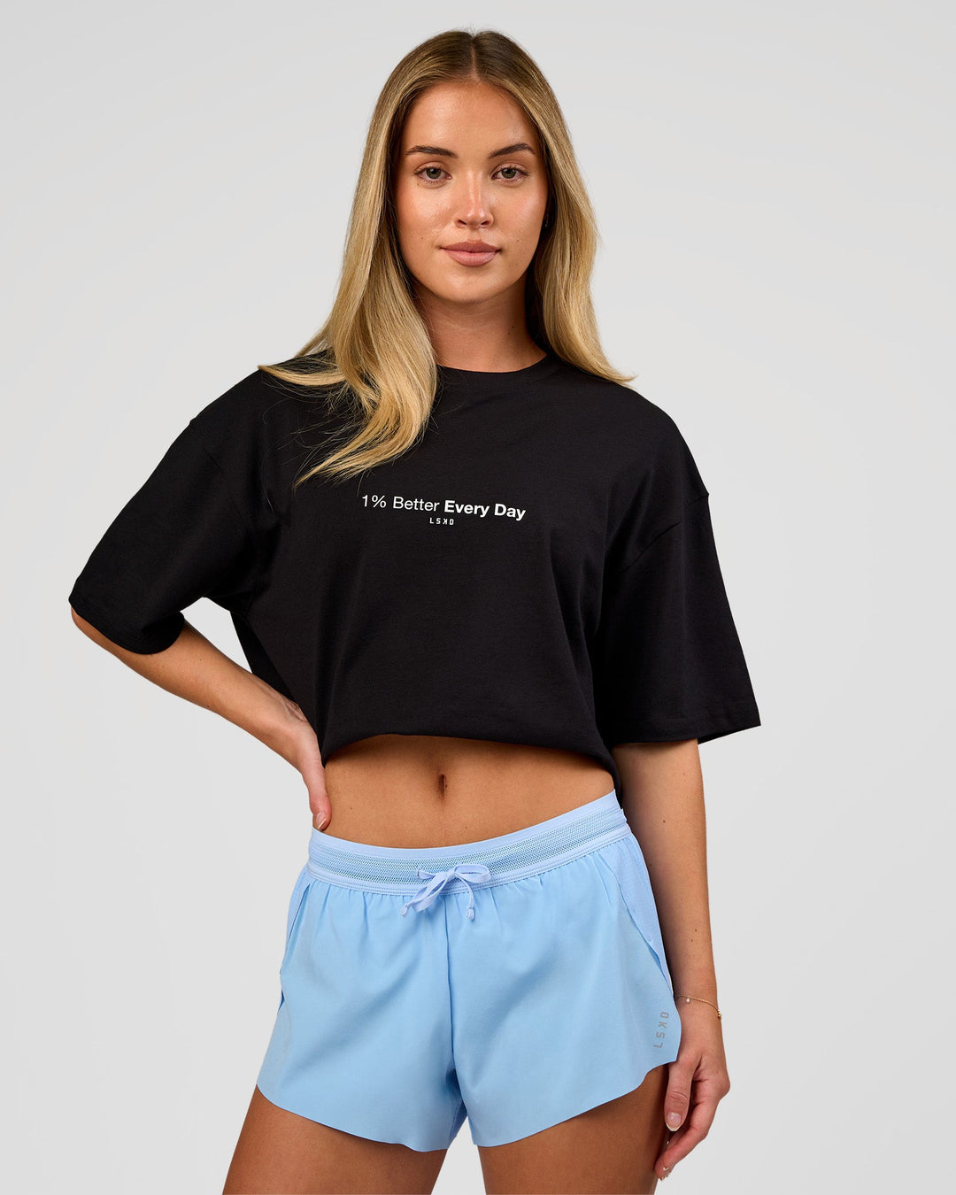 Woman wearing VS6 1% Better FLXCotton Oversize Tee - Black | Model:Issy | Size:XS - view 3