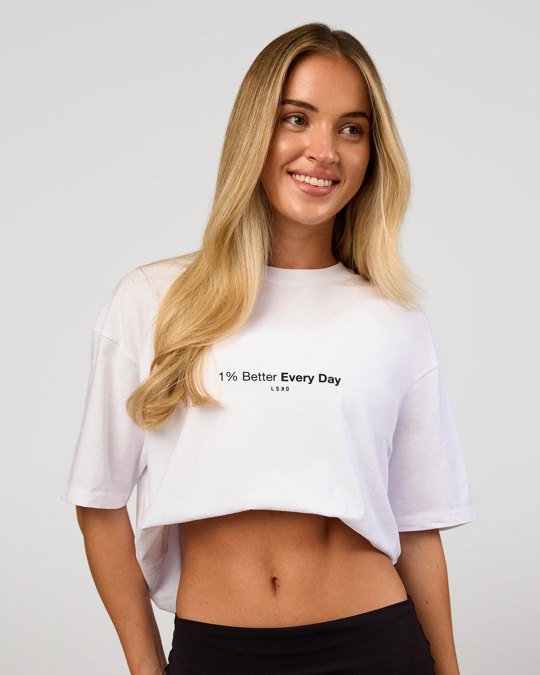 Woman wearing VS6 1% Better FLXCotton Oversize Tee - White | Model:Issy | Size:XS - view 3
