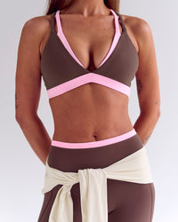 Woman wearing Velocity Bralette Sports Bra - Cocoa Powder-Pink Rose | Model:Joanne | Size:XS | Thumbnail Index: 12