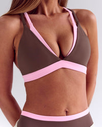 Woman wearing Velocity Bralette Sports Bra - Cocoa Powder-Pink Rose | Model:Joanne | Size:XS | Thumbnail Index: 0