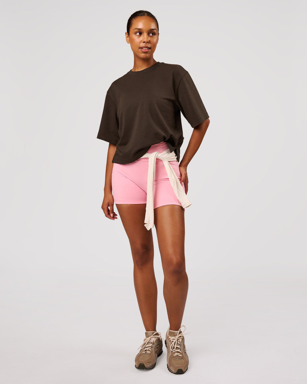 Woman wearing AfterDark ZeroCrease Cropped Tee - Ground Coffee | Model:Jordan | Size:XS - view 10