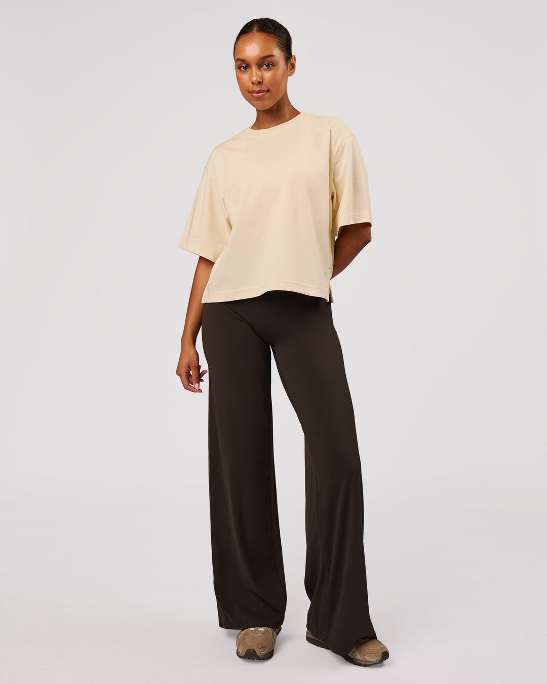 Woman wearing AfterDark ZeroCrease Cropped Tee - Vanilla Bean | Model:Jordan | Size:XS - view 7