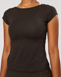 Woman wearing Boatneck FLXCotton Baby Tee - Ground Coffee | Model:Jordan | Size:XS | Thumbnail Index: 3