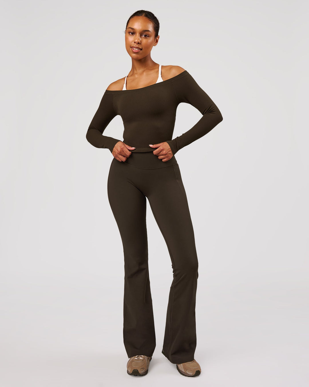 Woman wearing Bardot Long Sleeve Top - Ground Coffee | Model:Jordan | Size:XS - view 5
