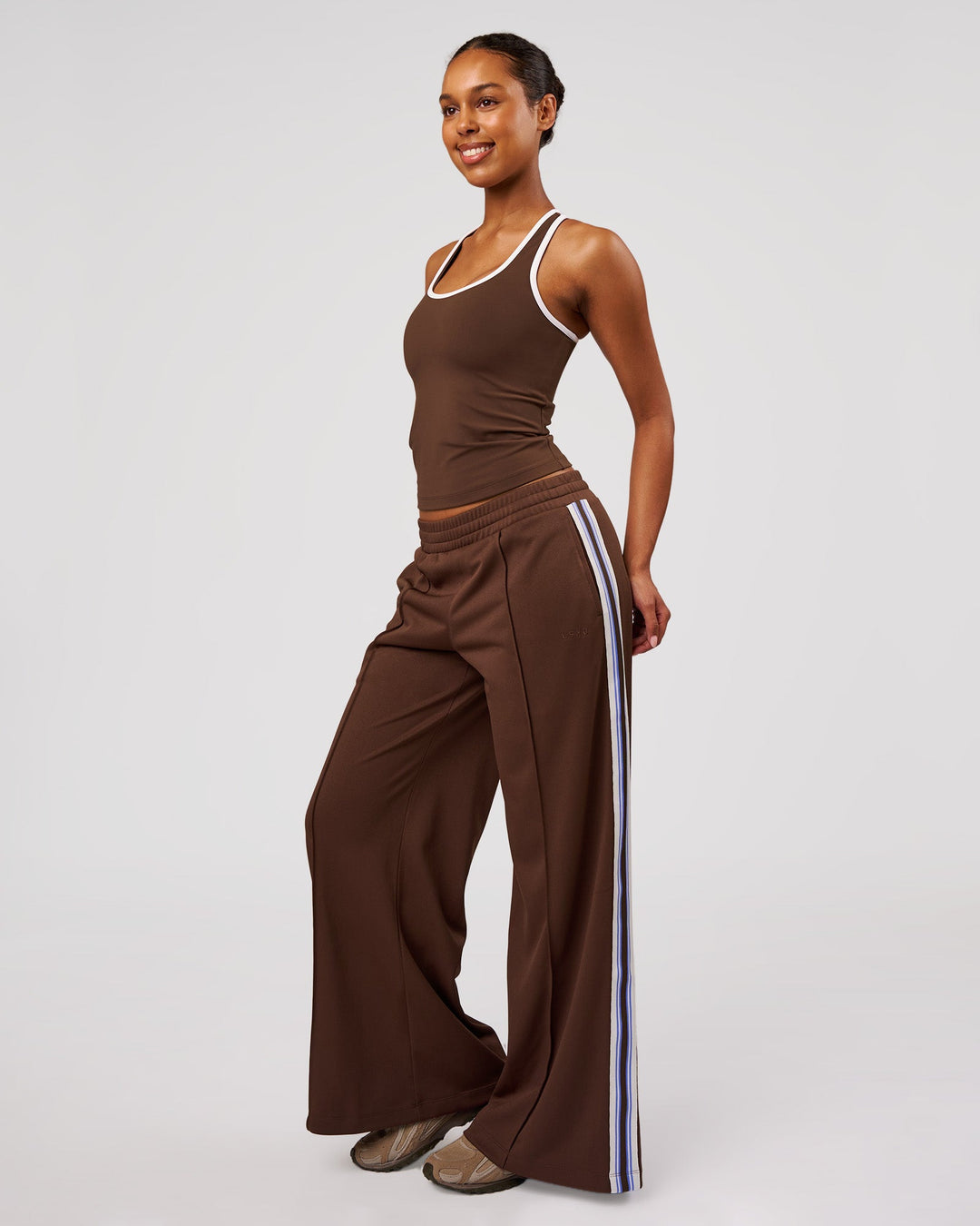 Woman wearing Flow Rep Scoop Neck Tank - Hot Chocolate-White | Model:Jordan | Size:XS - view 5