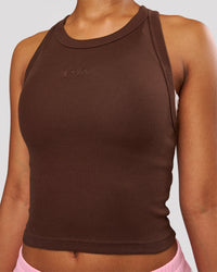 Woman wearing Go-To FLXCotton Rib Crop Tank - Hot Chocolate | Model:Jordan | Size:XS | Thumbnail Index: 0