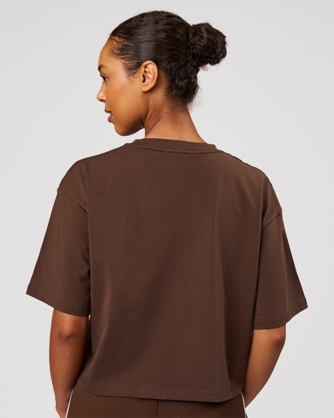 Woman wearing Go-To Heavyweight FlxCotton Skimmer Tee - Hot Chocolate-White | Model:Jordan | Size:XS - view 2