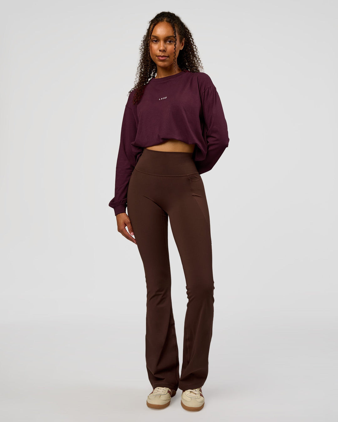 Woman wearing Go-To Long Sleeve FLXCotton Oversized Tee - Cherry Lacquer-White | Model:Jordan | Size:XS - view 5