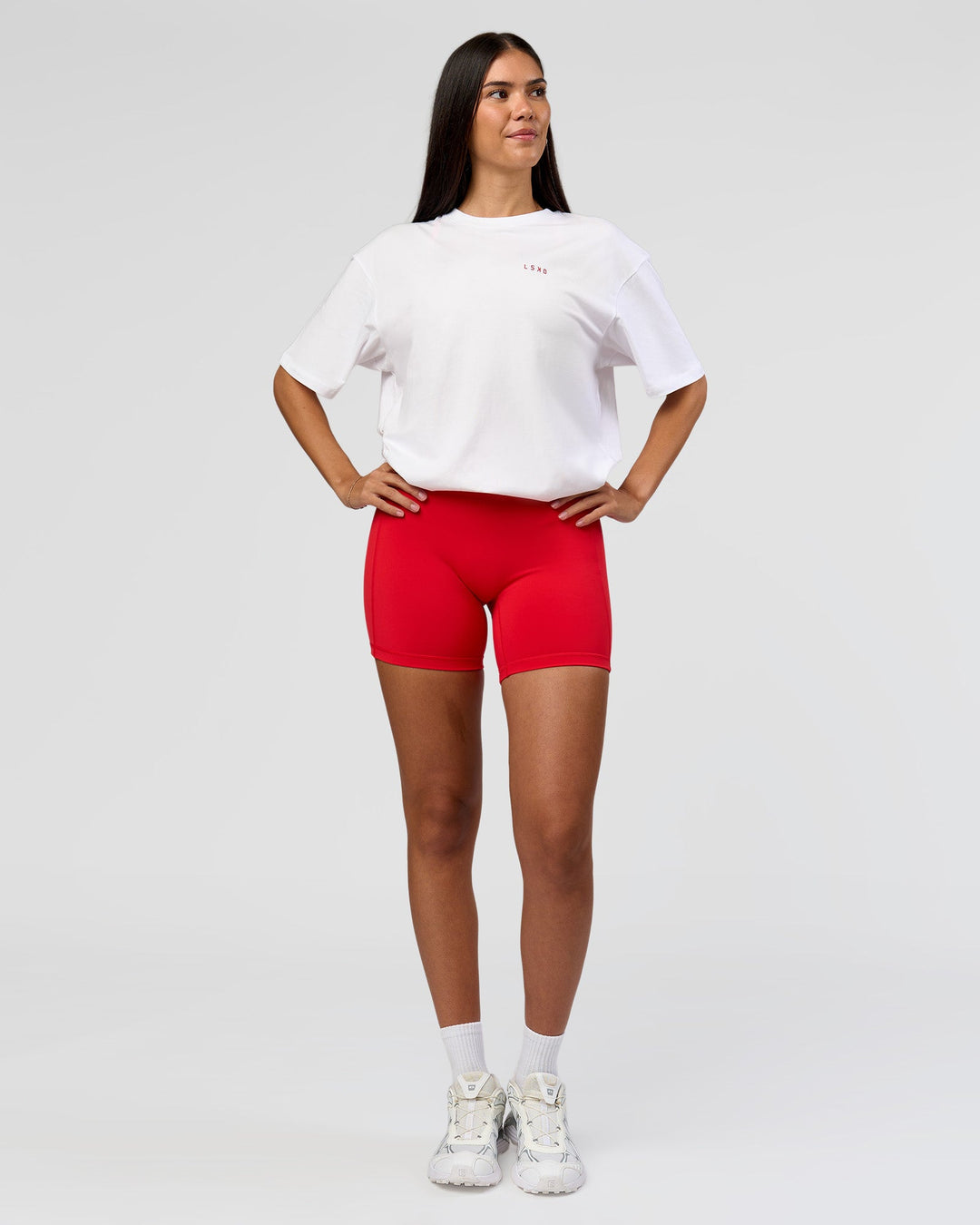 Woman wearing Dare To Think FLXCotton Tee Oversize - White-Scarlet | Model:Rhiley | Size:XS - view 9