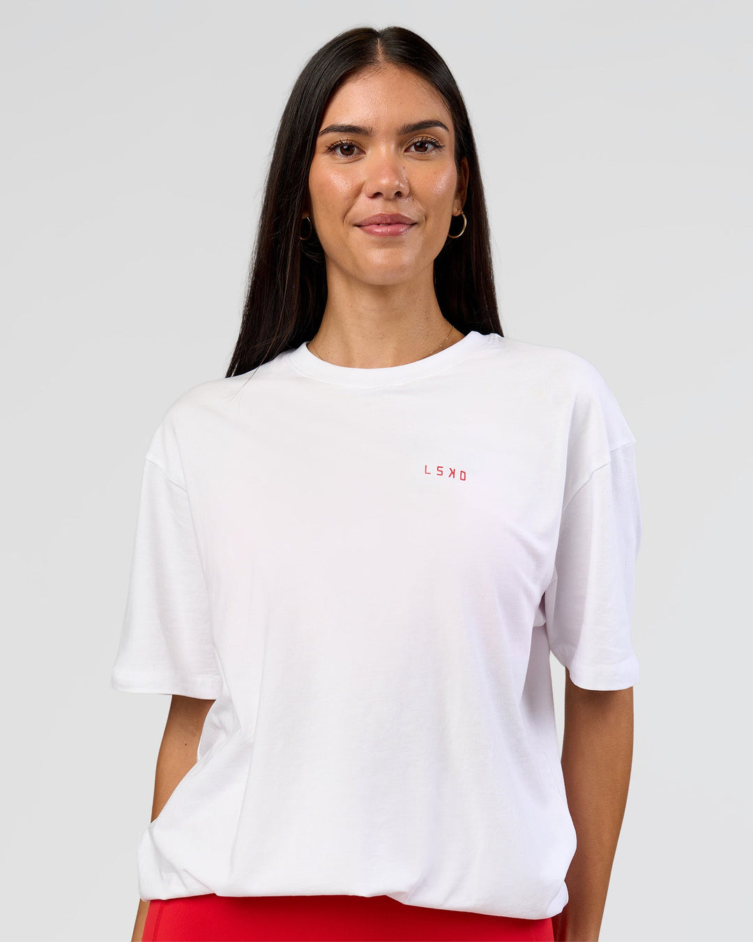 Woman wearing Dare To Think FLXCotton Tee Oversize - White-Scarlet | Model:Rhiley | Size:XS - view 11
