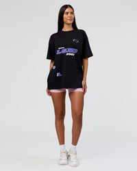 Woman wearing League Heavyweight FLXCotton Oversized Tee - Black-Power Cobalt | Model:Rhiley | Size:XS | Thumbnail Index: 8