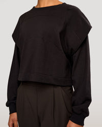 Woman wearing Bend Pleated Shoulder Oversized Sweat - Black | Model:Rosie | Size:XS | Thumbnail Index: 0