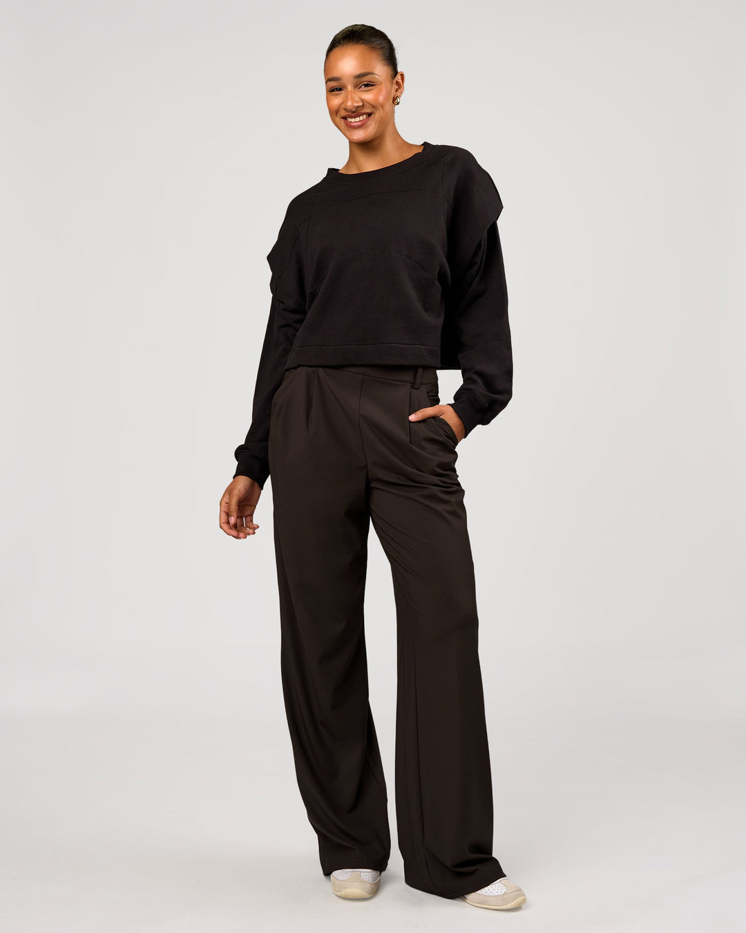 Woman wearing Bend Pleated Shoulder Oversized Sweat - Black | Model:Rosie | Size:XS - view 4