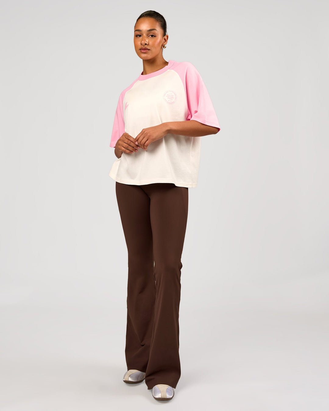 Woman wearing Victory Heavyweight Boxed Raglan Tee - Off White-Pink Rose | Model:Rosie | Size:XS - view 12