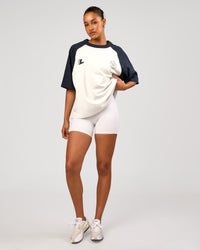 Woman wearing Victory Heavyweight Boxed Raglan Tee - Silver Marl-Midnight Navy | Model:Rosie | Size:XS | Thumbnail Index: 6