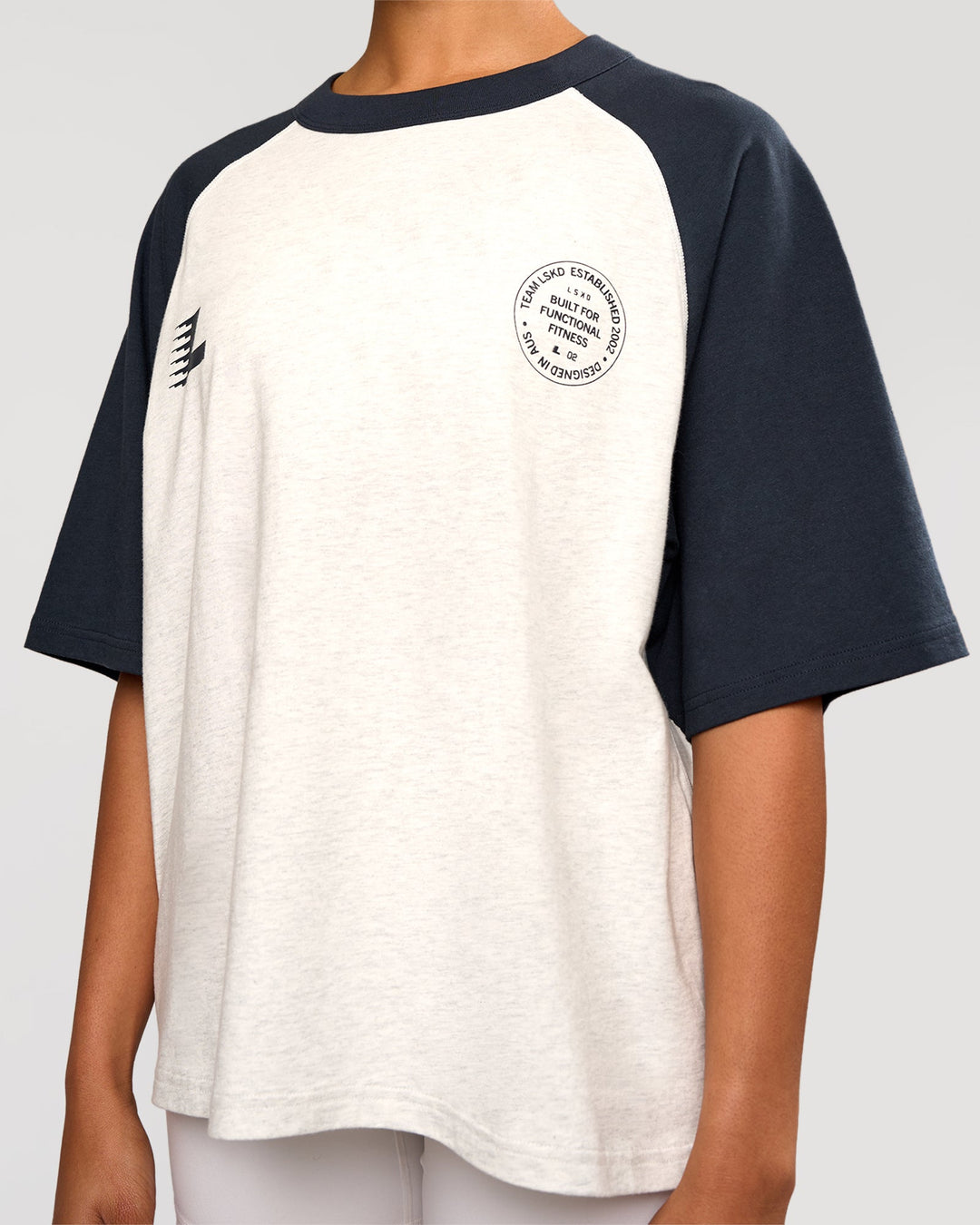 Woman wearing Victory Heavyweight Boxed Raglan Tee - Silver Marl-Midnight Navy | Model:Rosie | Size:XS - view 11