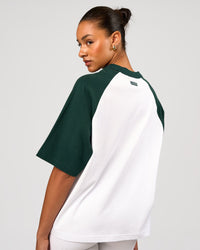 Woman wearing Victory Heavyweight Boxed Raglan Tee - White-Midnight Green | Model:Rosie | Size:XS | Thumbnail Index: 5