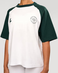 Woman wearing Victory Heavyweight Boxed Raglan Tee - White-Midnight Green | Model:Rosie | Size:XS | Thumbnail Index: 8
