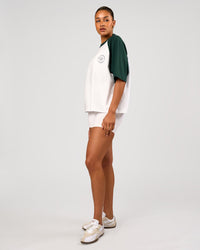 Woman wearing Victory Heavyweight Boxed Raglan Tee - White-Midnight Green | Model:Rosie | Size:XS | Thumbnail Index: 10