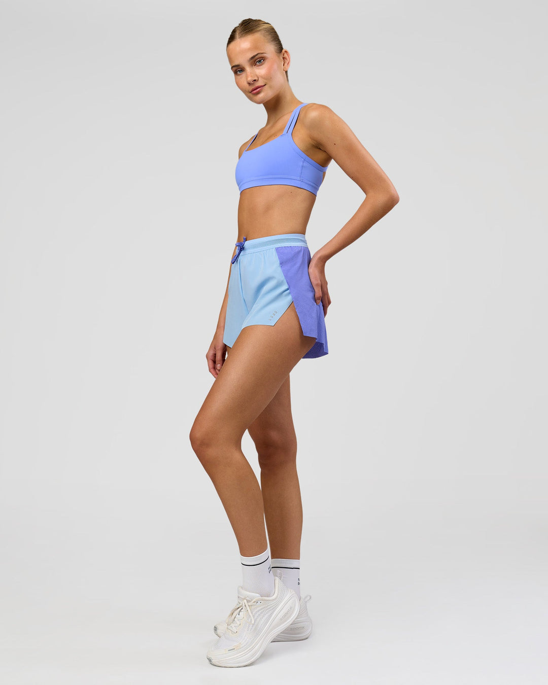 Woman wearing Accelerate 3" High-Rise Running Short - Bluebell-Open Air | Model:Taneisha | Size:XS - view 5