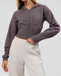 Woman wearing Bend Contour Silhouette Zip Through Hoodie - Duskstone | Model:Taneisha | Size:XS | Thumbnail Index: 1