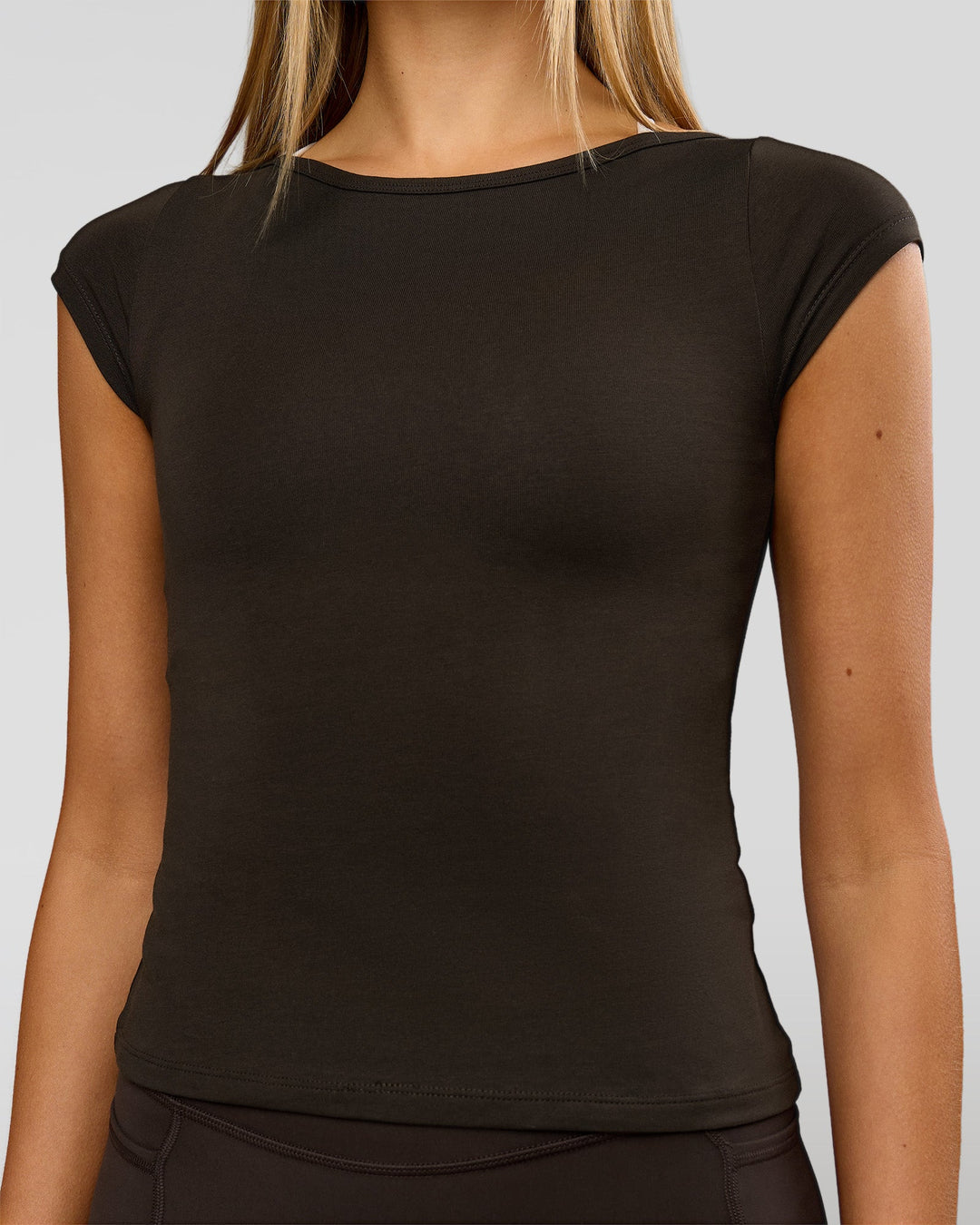 Woman wearing Boatneck FLXCotton Baby Tee - Ground Coffee | Model:Taneisha | Size:XS - view 12
