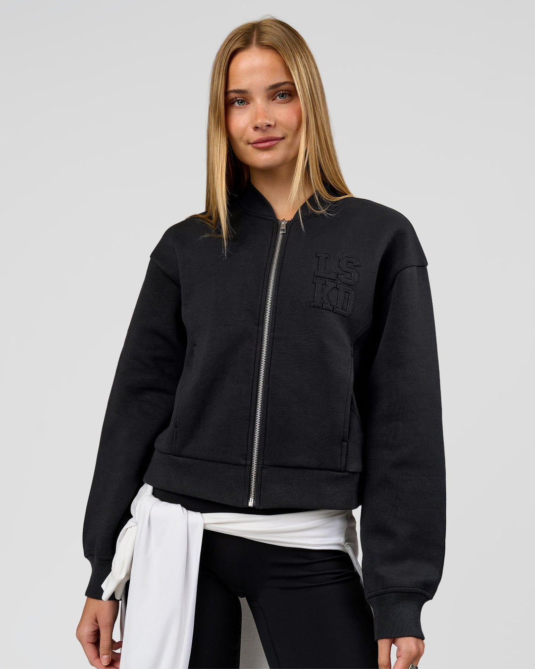 Woman wearing Bomber ZeroCrease Spacer Jacket - Black | Model:Taneisha | Size:XS - view 1