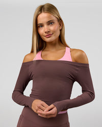 Woman wearing Bree Bardot Long Sleeve Top - Cocoa Powder | Model:Taneisha | Size:XS | Thumbnail Index: 10